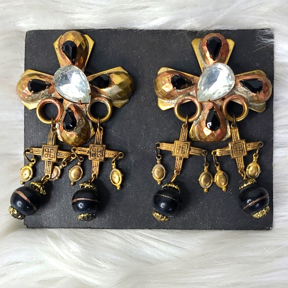 Clip On Statement Earrings Retro 80's Bronze Crystal Handmade Celtic Cross Funky